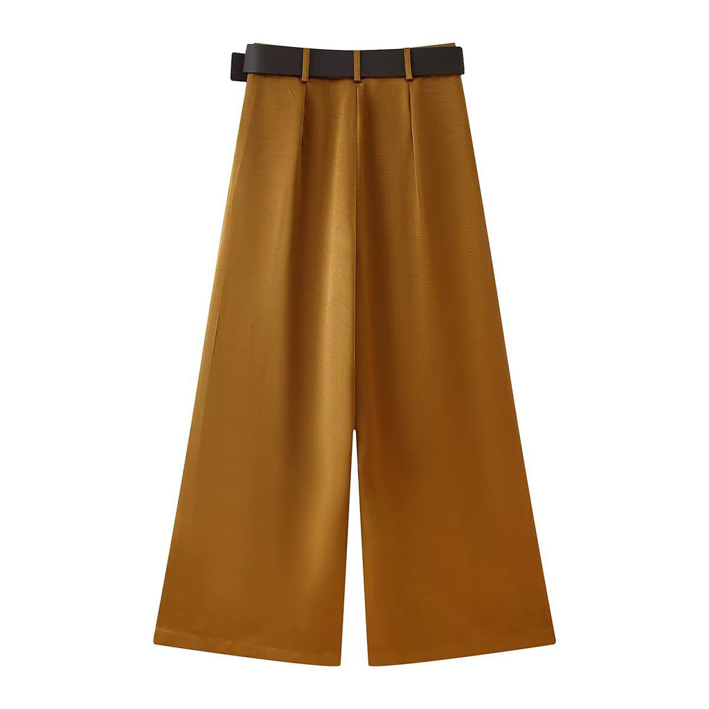 Double breasted silk top+straight leg pants set