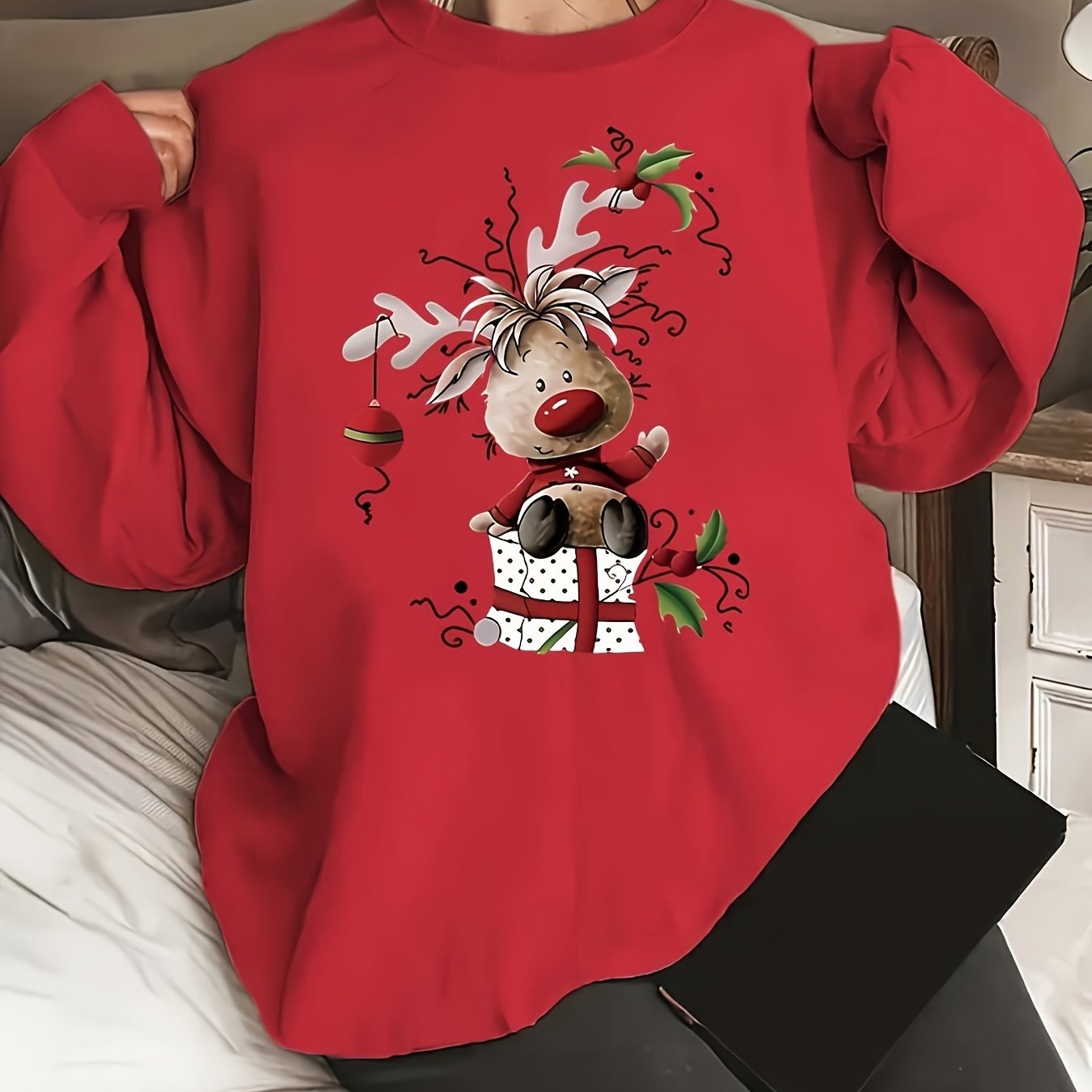 Long Sleeve Christmas Reindeer Graphic Crew Neck Sweatshirt by eprolo