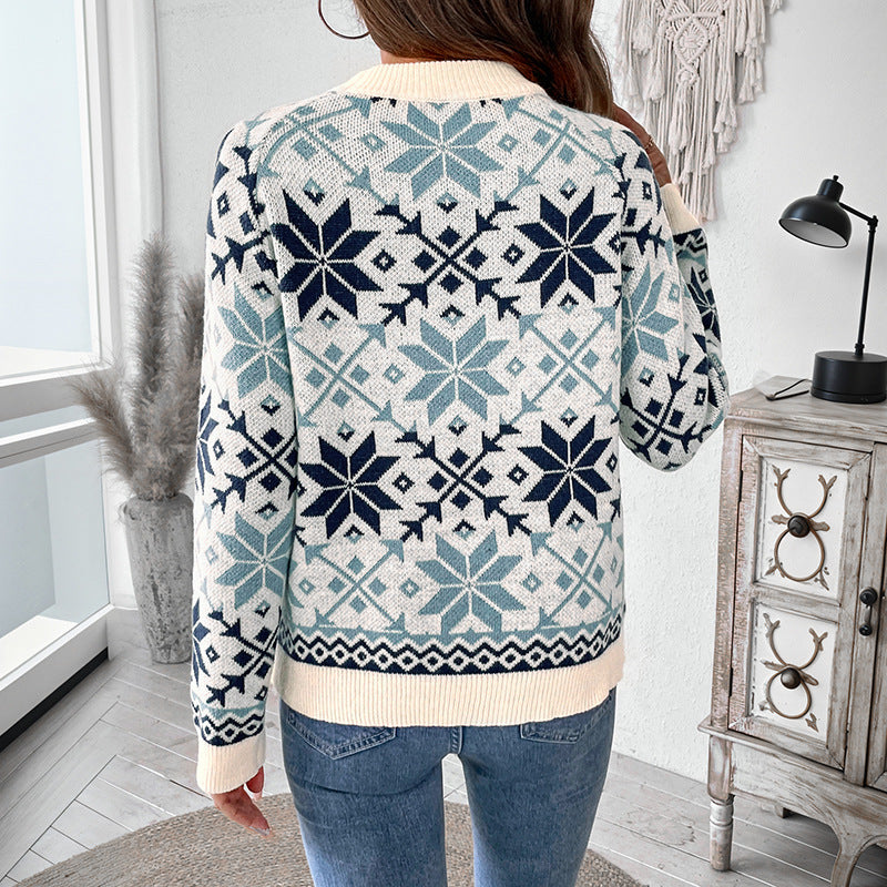 Long sleeved round neck snowflake geometric pattern sweater by eprolo
