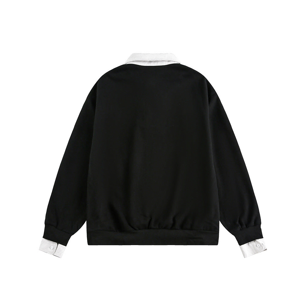 Checkered Spliced Mock Two-Piece Old Money Style Polo Neck Pullover Hoodie