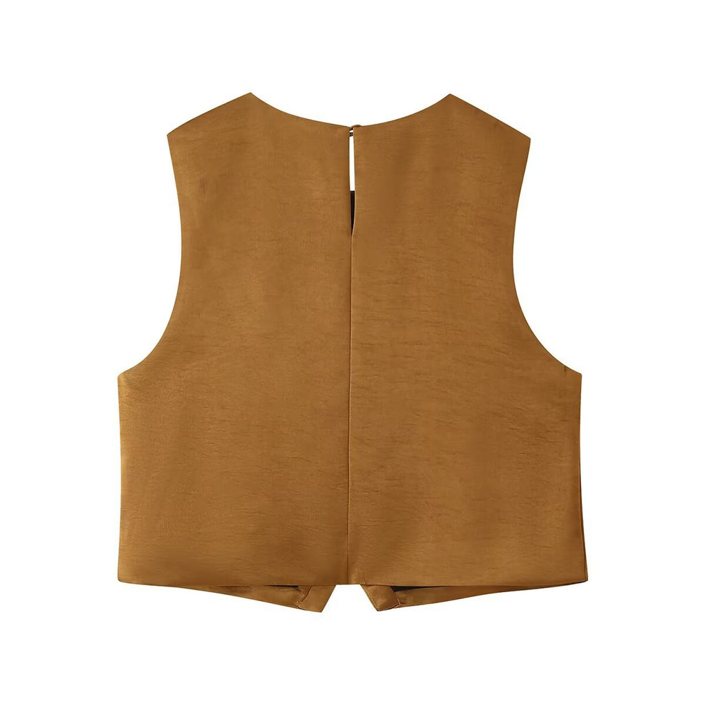 Double breasted silk top+straight leg pants set