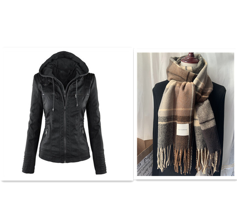 Fashion Detachable Hooded Jacket With Pockets Casual Solid Color Zipper Long Sleeve Leather Coat Autumn Winter Women's Clothing by My Store