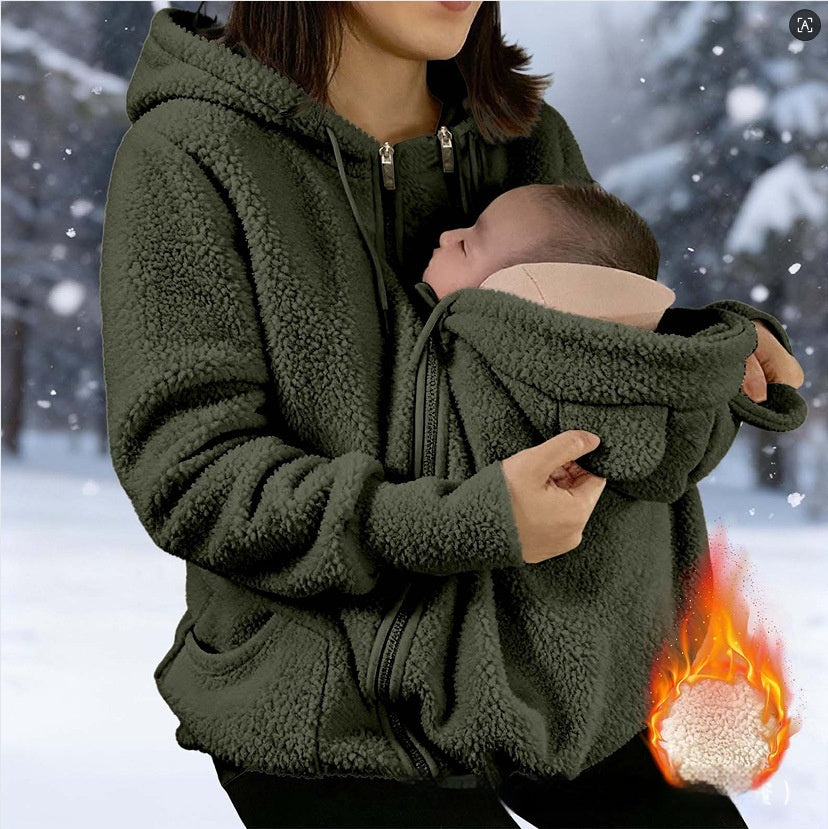 Corduroy Hooded Sweatshirt With Baby-pocket Women's Thickened Zip-up Jacket For Parent-Child Matching Outfits by DERILUJA LLC