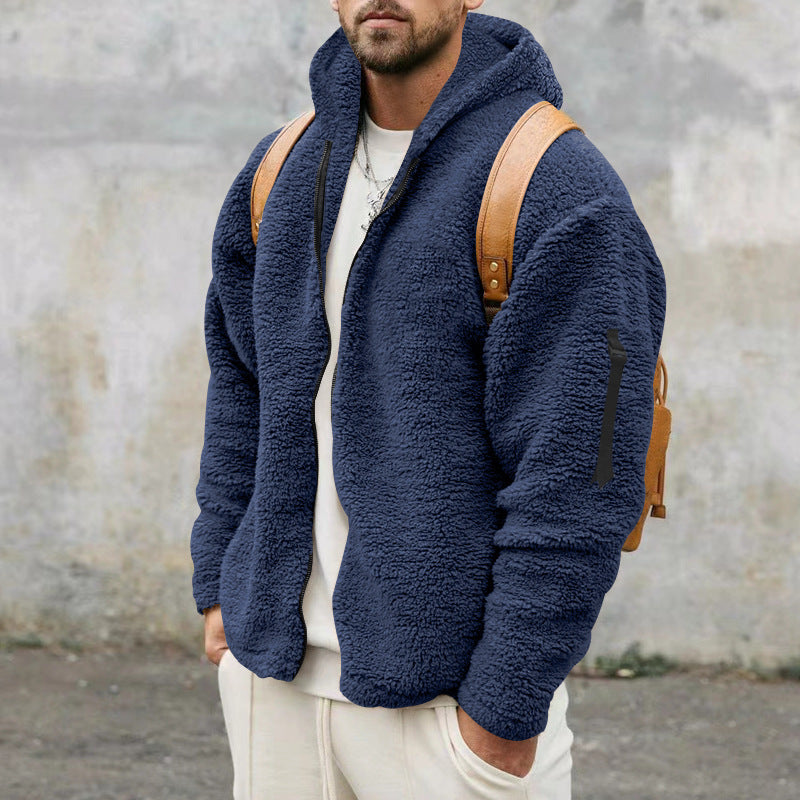 Plush Hooded Jacket Men's Autumn And Winter Fleece Double-sided Wear Warm Coat With Zipper Loose Casual Jacket Outdoor Clothing by DERILUJA LLC