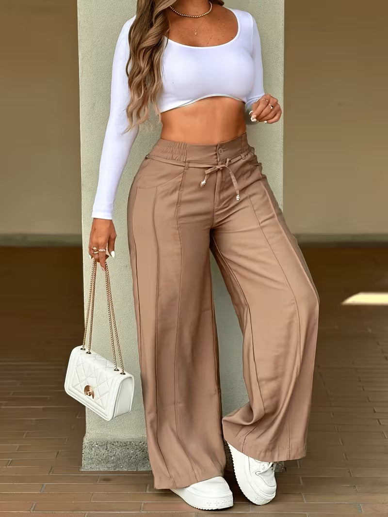 Lace-up Trousers Loose-fit Drawstring Wide-leg Pants With Multiple Pockets by DERILUJA LLC