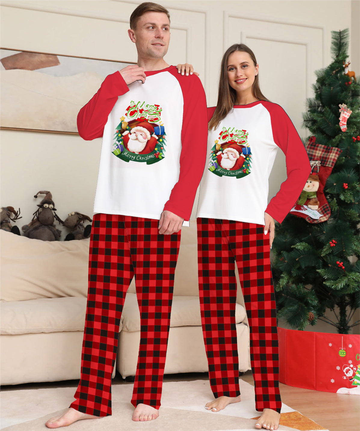 Christmas Parent-Child Clothes Set Long Sleeve T-Shirt Plaid Pants Family Matching Pajamas by My Store