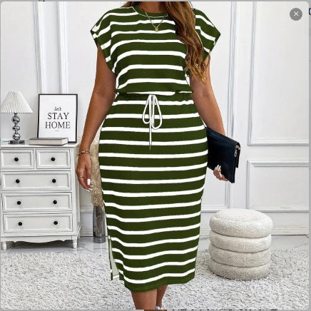 Round Neck Printed Tether Short Sleeve Dress by DERILUJA LLC