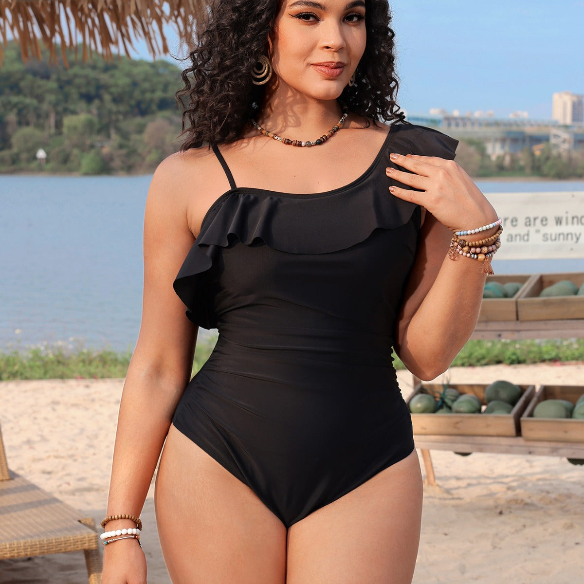 Single shoulder lace pleated one-piece swimsuit by eprolo