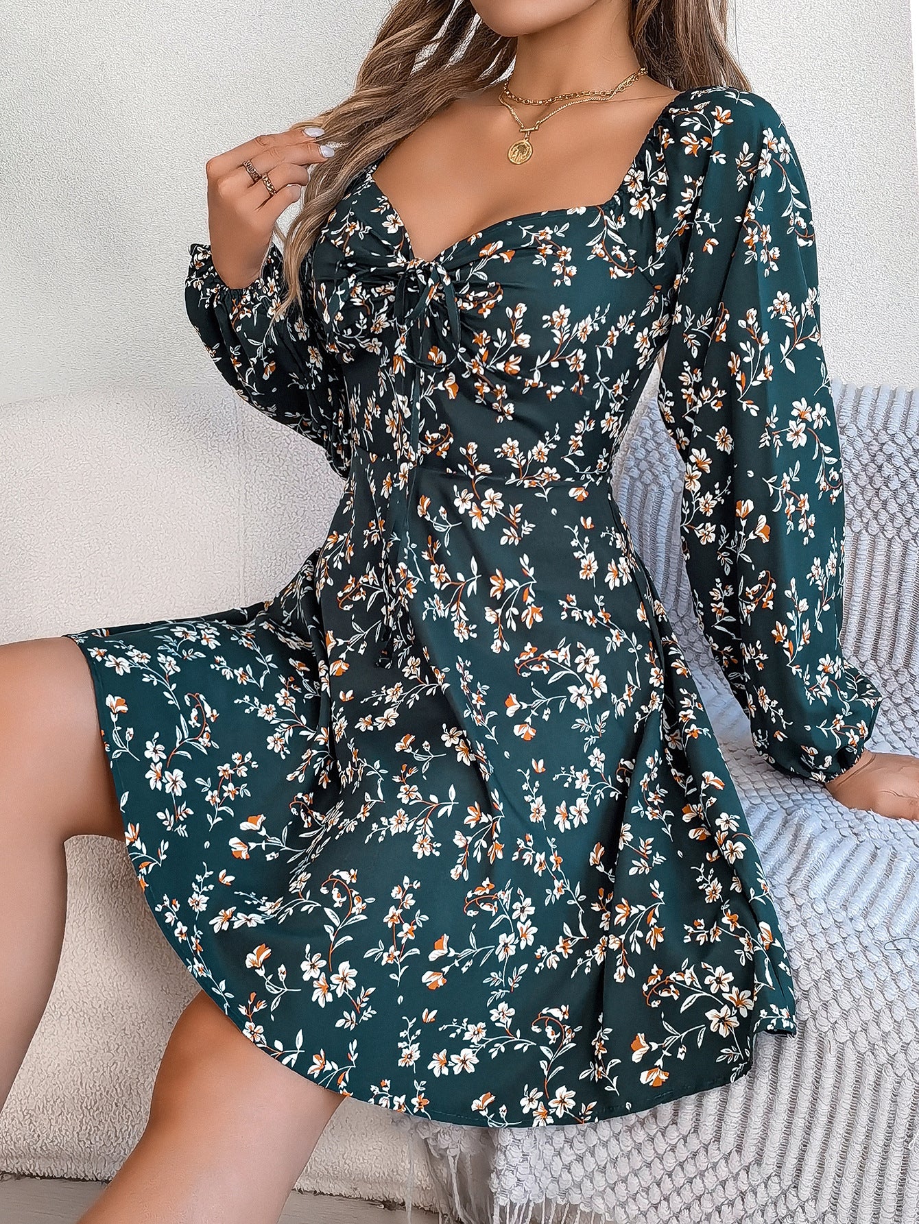Fashion Floral Print Lantern Sleeve Dress Casual Sexy Tie Square Neck Long Sleeve A-Line Dress Women's Clothing by DERILUJA LLC