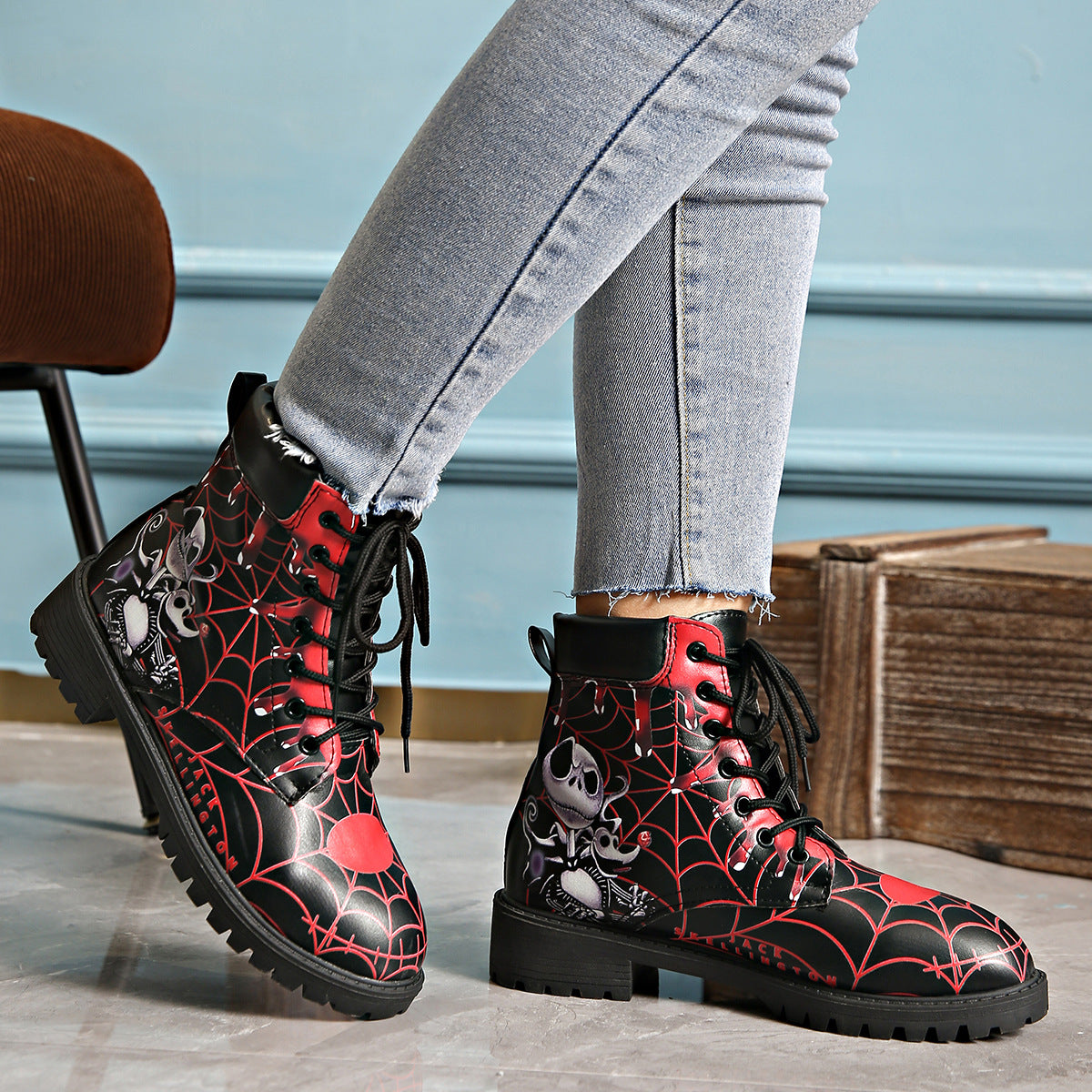 Printed short boots for women, round toe, thick heel, lace up, European and American Martin boots by eprolo