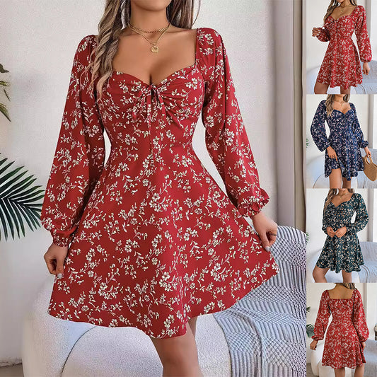 Fashion Floral Print Lantern Sleeve Dress Casual Sexy Tie Square Neck Long Sleeve A-Line Dress Women's Clothing by DERILUJA LLC