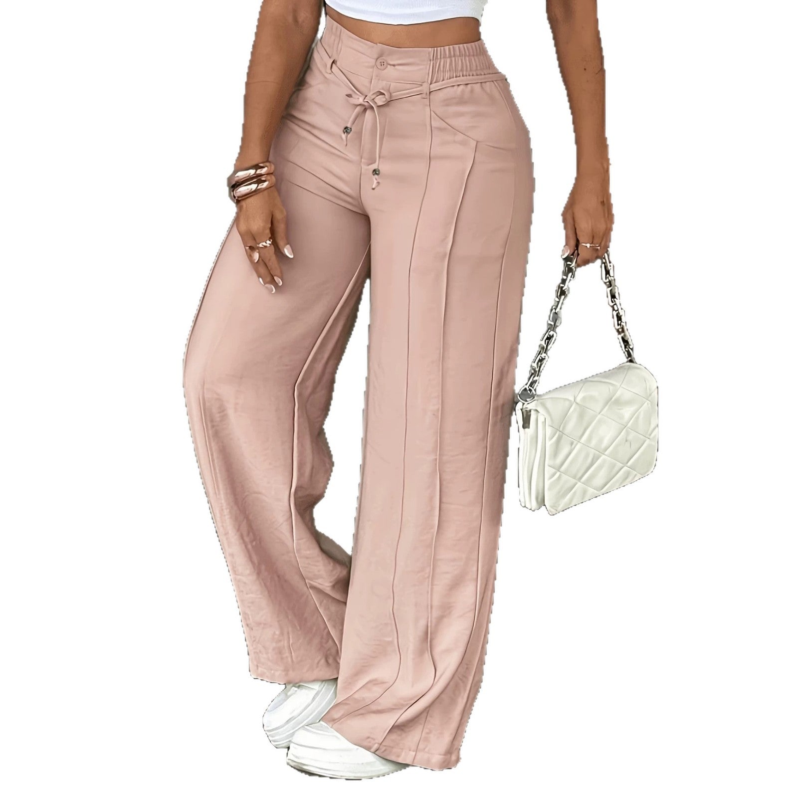 Lace-up Trousers Loose-fit Drawstring Wide-leg Pants With Multiple Pockets by DERILUJA LLC