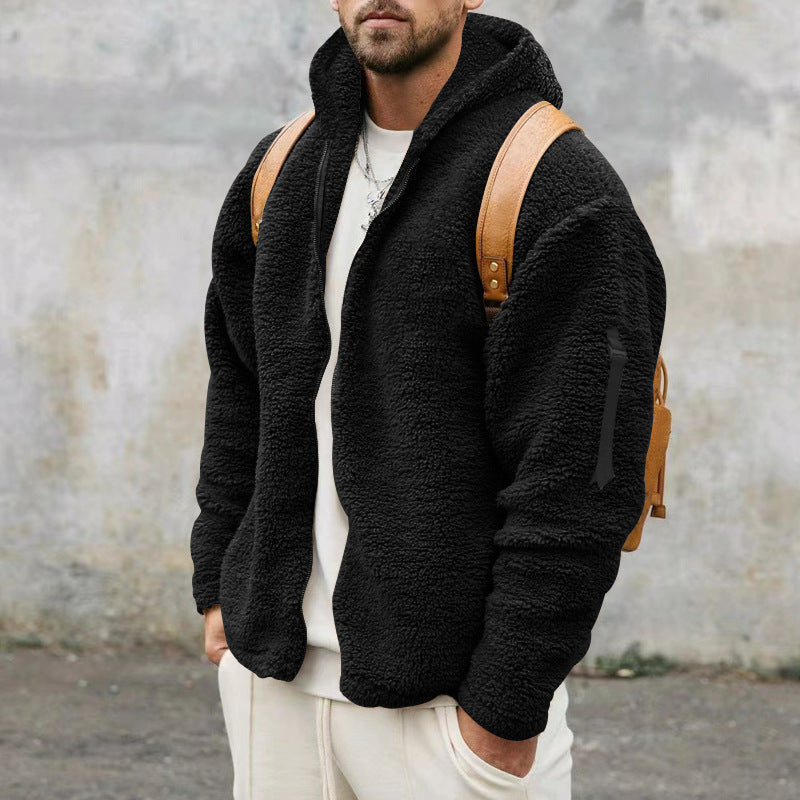 Plush Hooded Jacket Men's Autumn And Winter Fleece Double-sided Wear Warm Coat With Zipper Loose Casual Jacket Outdoor Clothing by DERILUJA LLC