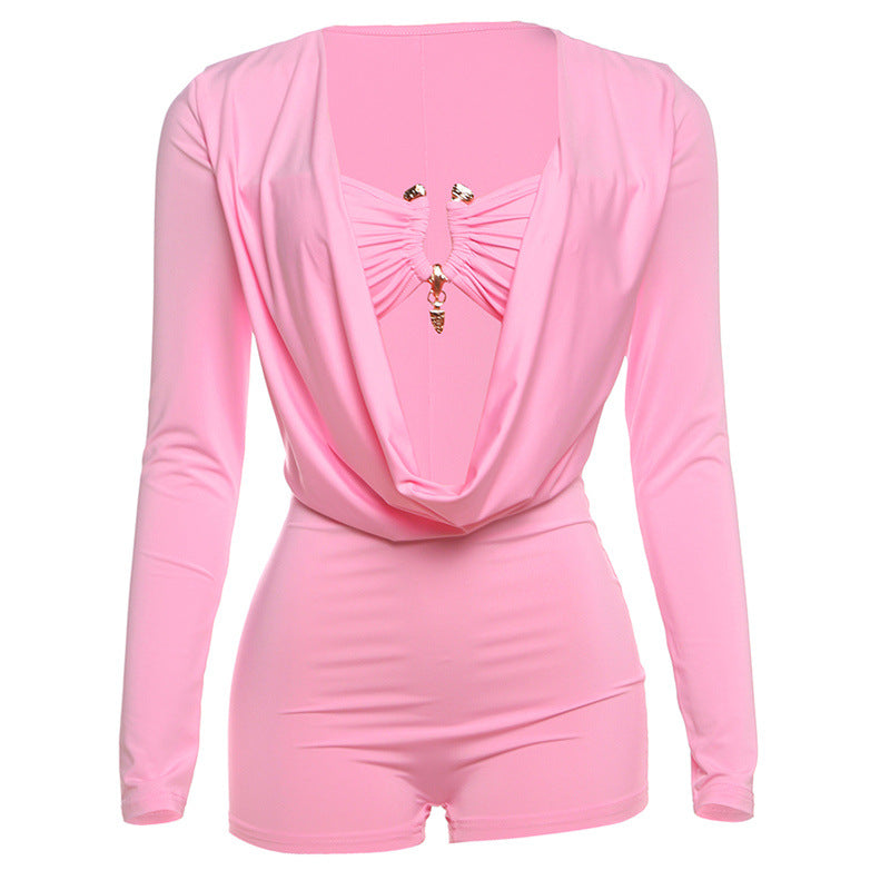 Spring Summer New Individual Street Deep V Low Cut Solid Color Slim Fit Bodycon Jumpsuit by eprolo