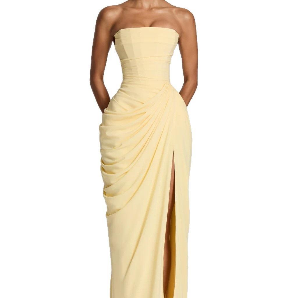 French Style Romantic Strapless Pleated Slit Dress - Women's Elegant Evening Gown For Summer Party Wedding Dresses by DERILUJA LLC