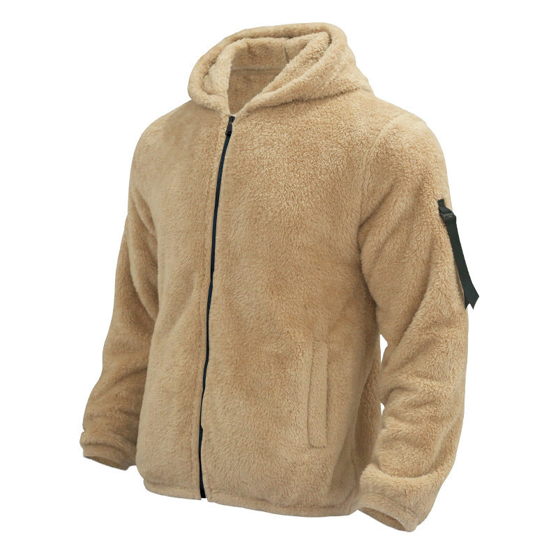 Plush Hooded Jacket Men's Autumn And Winter Fleece Double-sided Wear Warm Coat With Zipper Loose Casual Jacket Outdoor Clothing by DERILUJA LLC