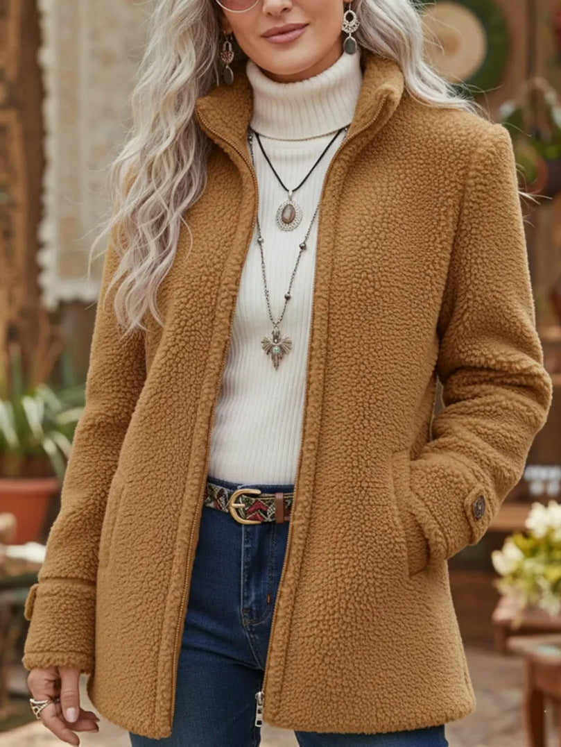 Fleece Zip-Up Jacket Women's Stand Collar Solid Color Loose Fit Casual Long Sleeve Outerwear Clothing by DERILUJA LLC