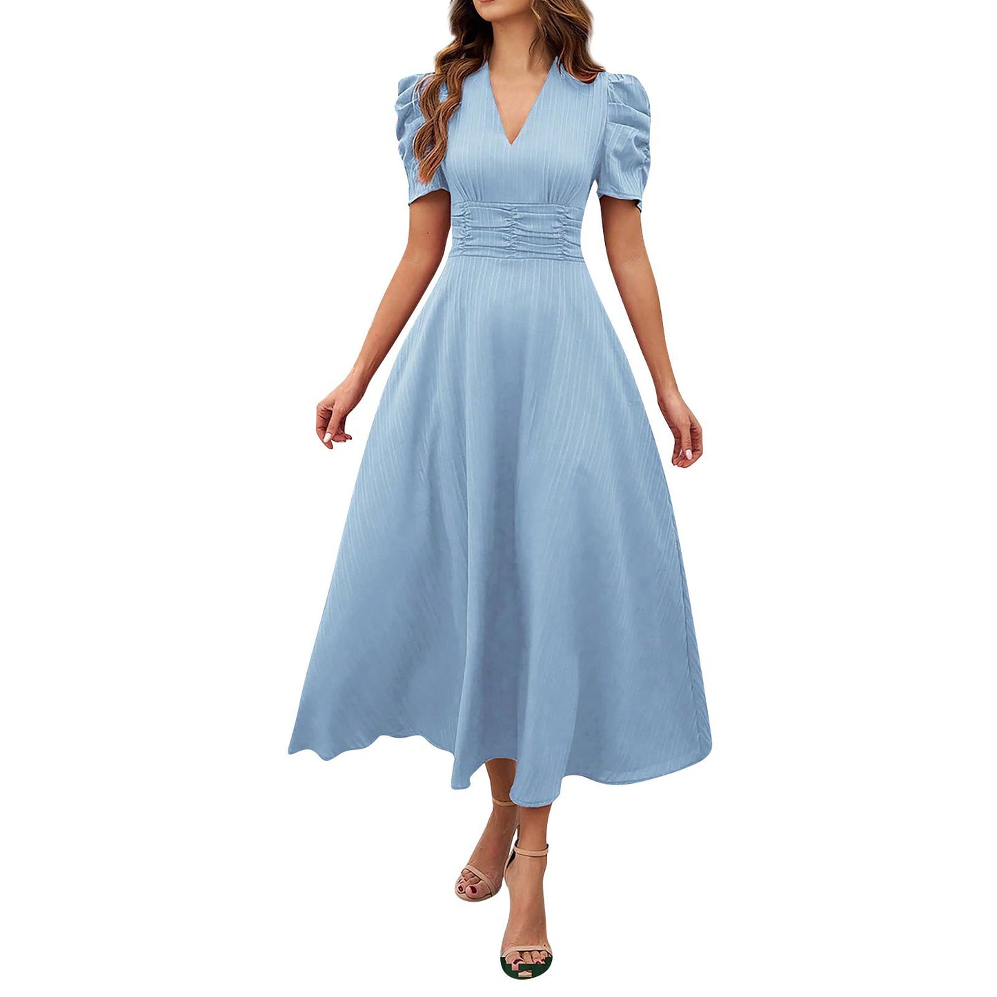2026 Cross-Border Spring Summer Amazon Women's Fashionable And Elegant High-Waisted Solid Color Waist-Cinching Short-Sleeve Dress by DERILUJA LLC
