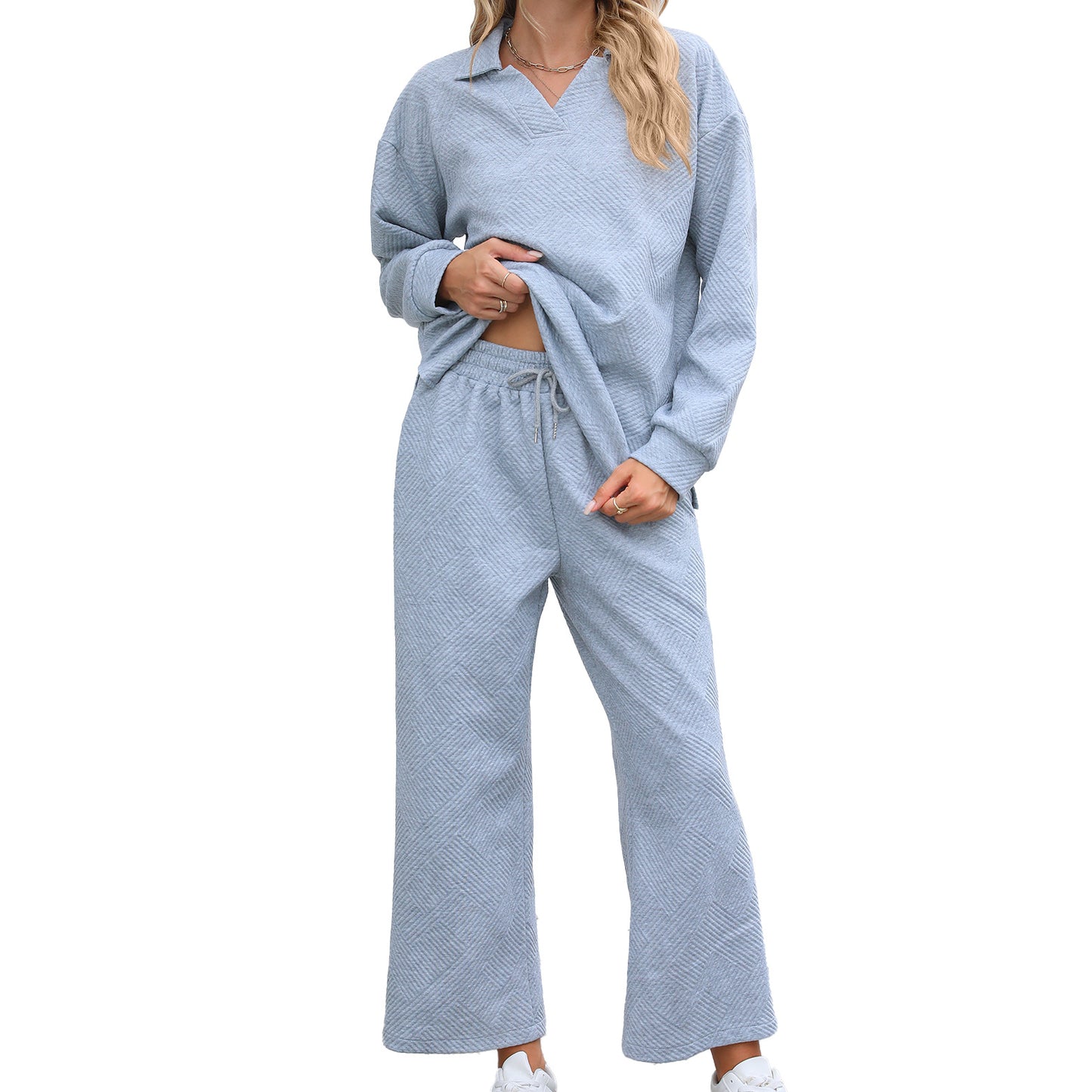 Solid Color Turn-down Collar Long Sleeve Hoodie with Elastic Waist Pants Set by eprolo