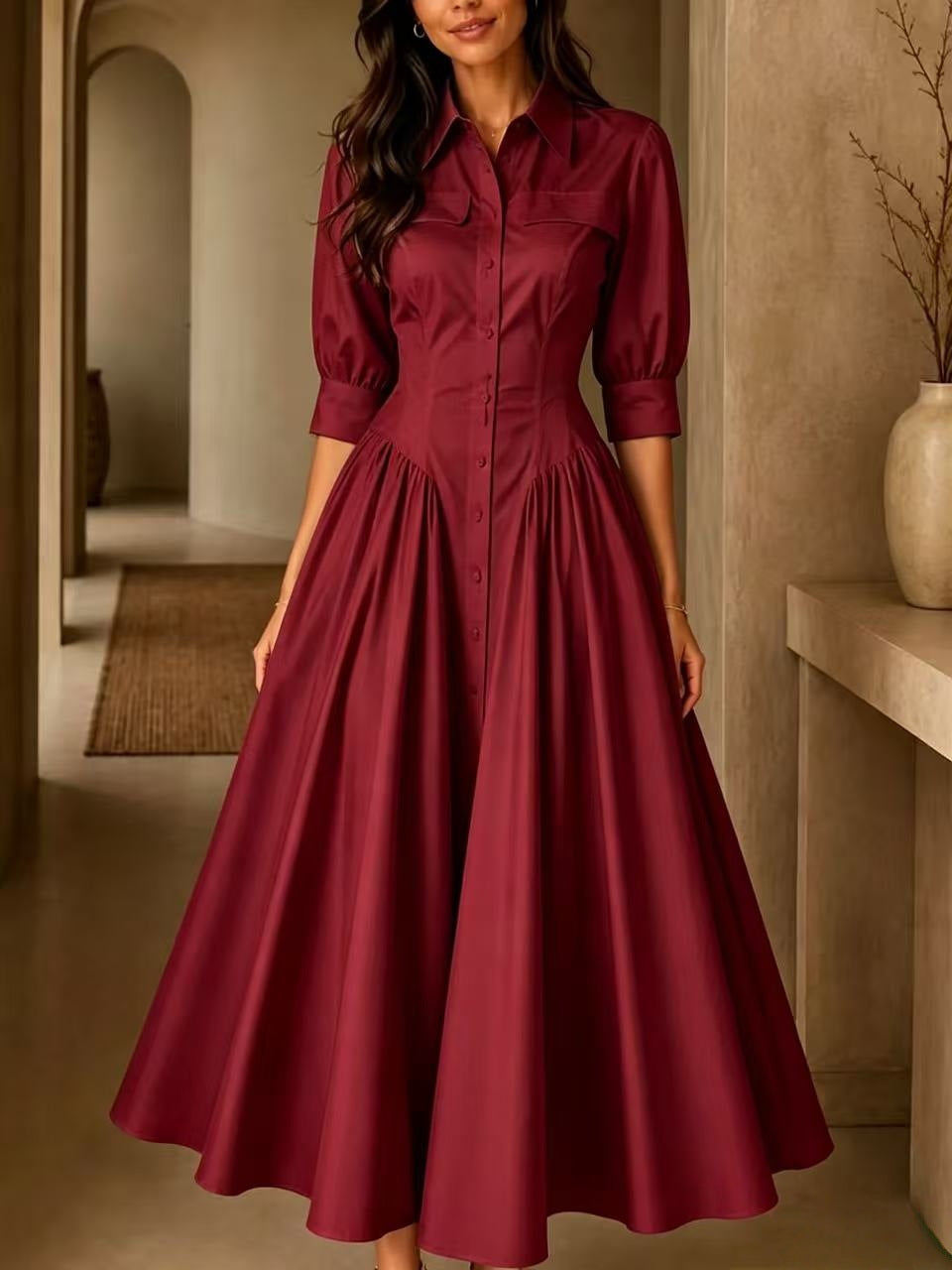 Cotton-linen Blend Single-breasted High-waisted Solid-color Dress by DERILUJA LLC