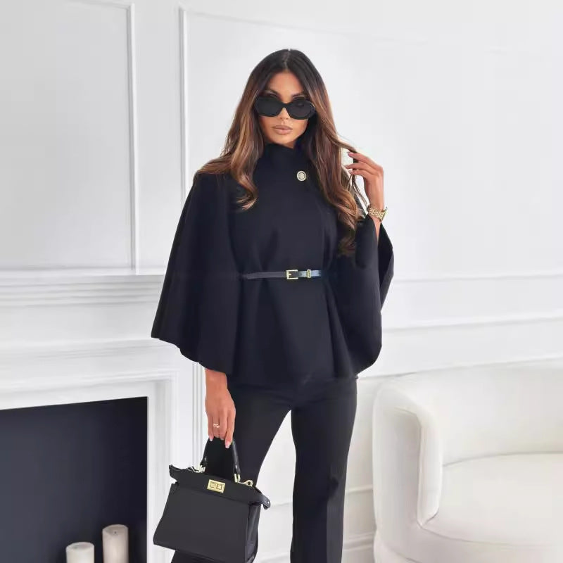 Stand Collar Batwing Sleeves Cloak Top With Belt Ins Fashion Temperament Jacket Woolen Sweater Outwear For Women Clothing by DERILUJA LLC