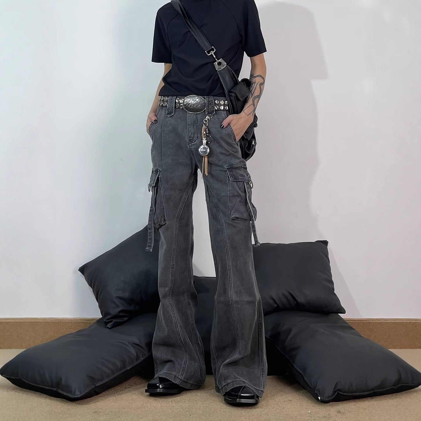 Retro Deconstructed Multi-Pocket Flared Cargo Pants for Men, Cool Streetwear Brand, Loose Clean Fit Straight Leg Casual Pants by eprolo