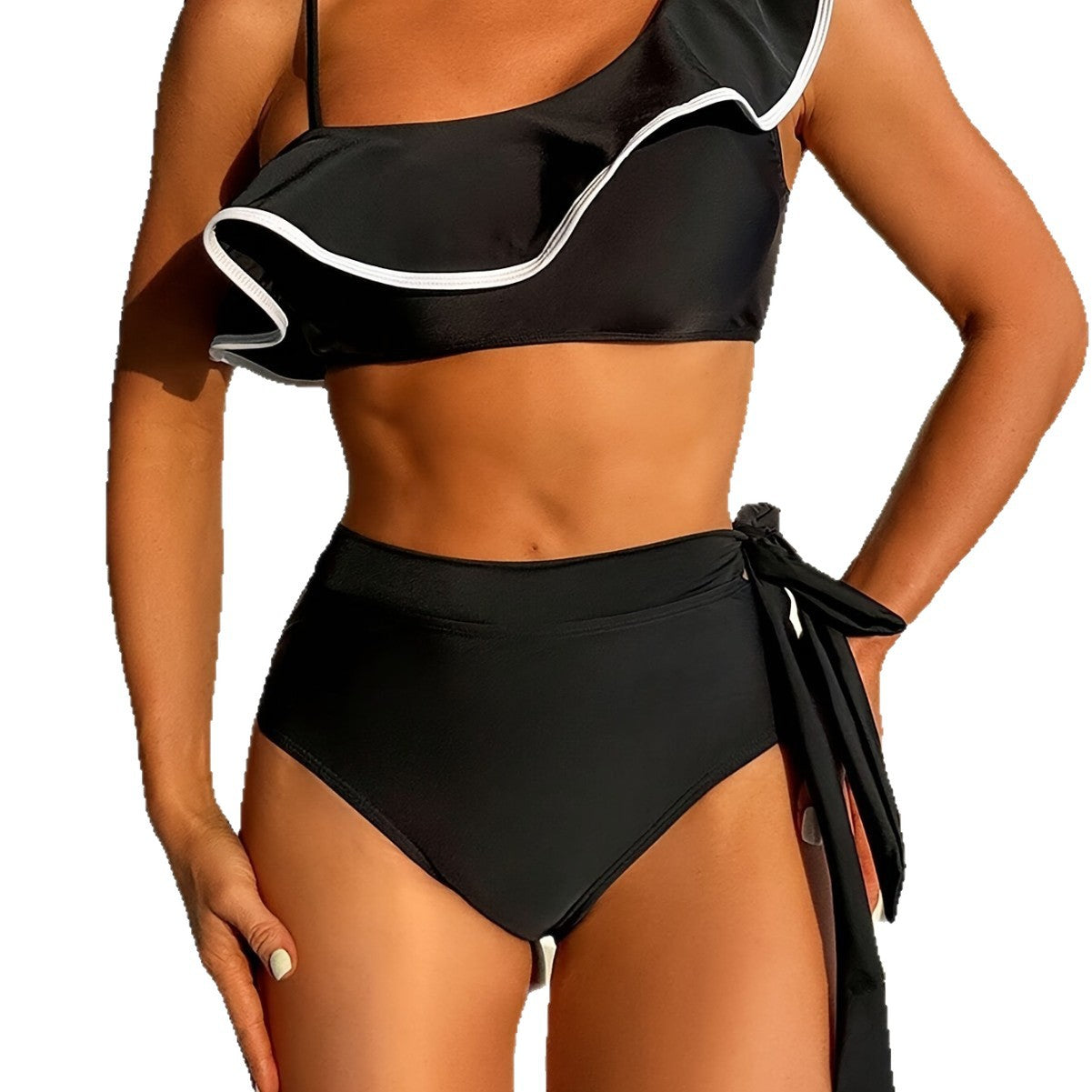 Bikini split swimsuit solid color black shoulder lotus leaf edge by eprolo