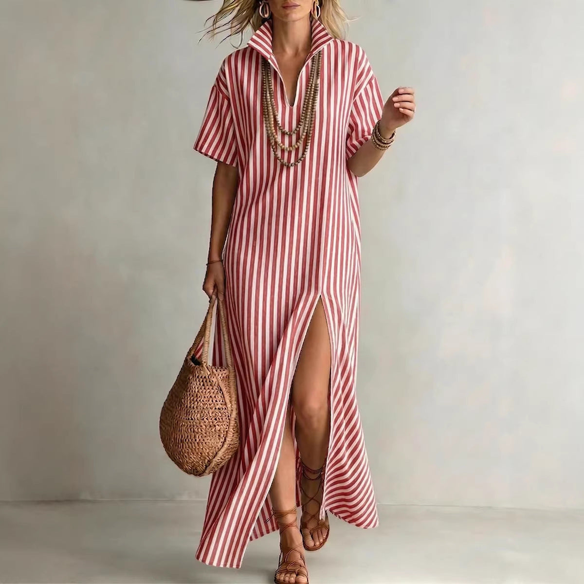 V-neck short sleeved striped split cotton linen dress by eprolo