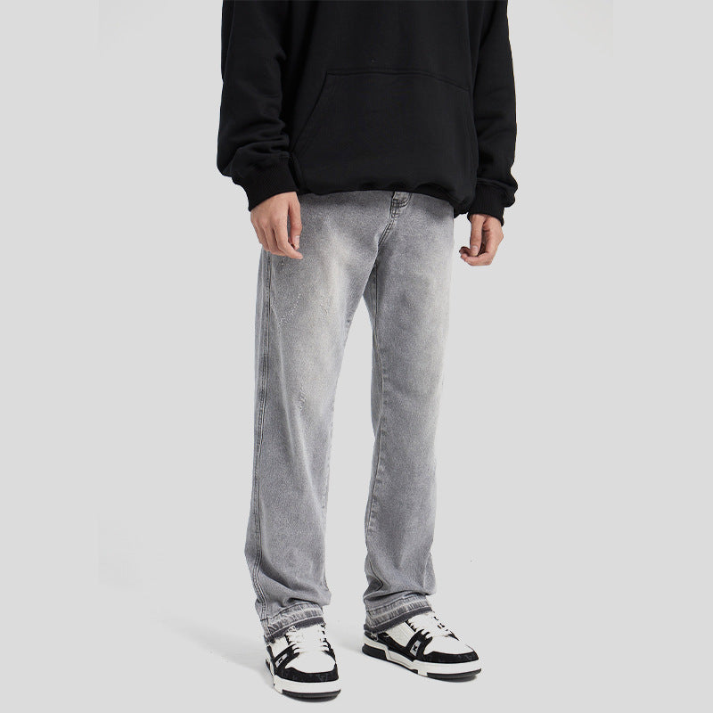High-Quality Washed Light Gray Distressed Solid Color Denim Jeans with Raw Hem, Basic Casual Long Pants
