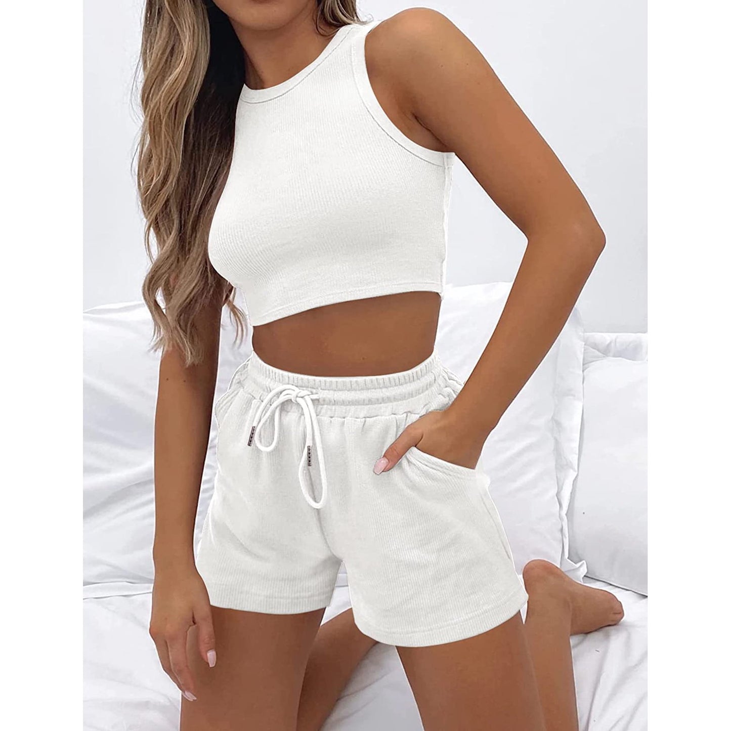 Casual Solid Color Sleeveless Waffle Knit Short Crop Top 2-Piece Set Women's Fashion Outfit by eprolo