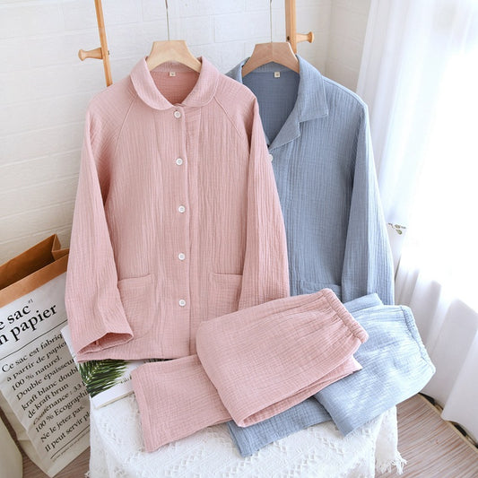 Women's sleepwear made of pure cotton with four layers of gauze, suitable for couples in spring, autumn, and winter. Men's casual plus size set by eprolo