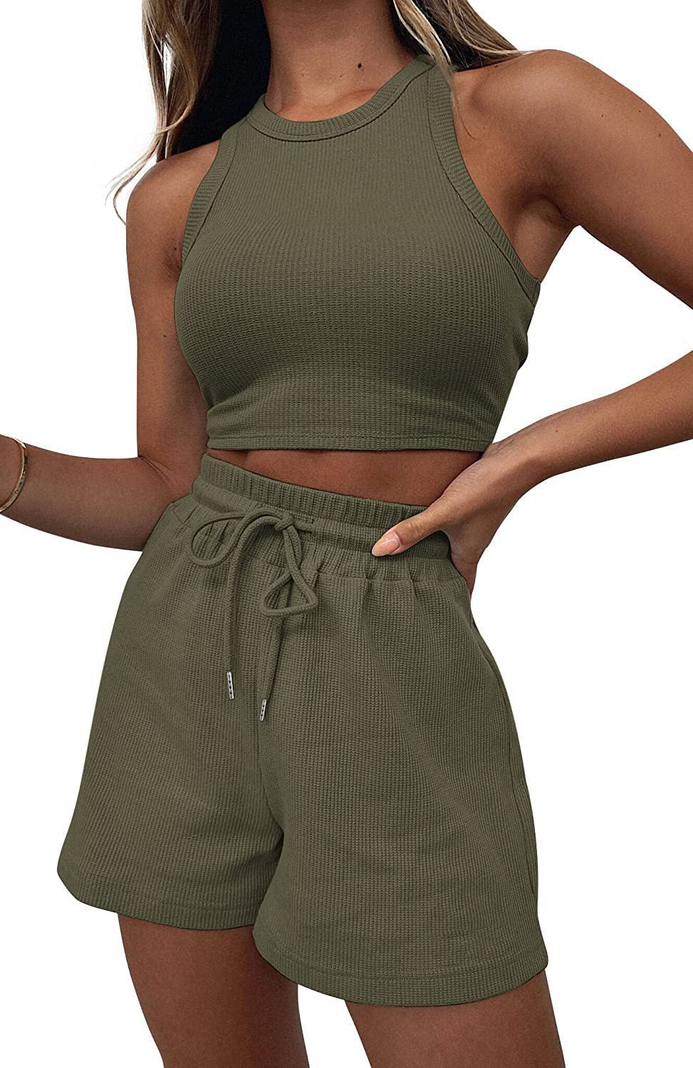 Casual Solid Color Sleeveless Waffle Knit Short Crop Top 2-Piece Set Women's Fashion Outfit by eprolo