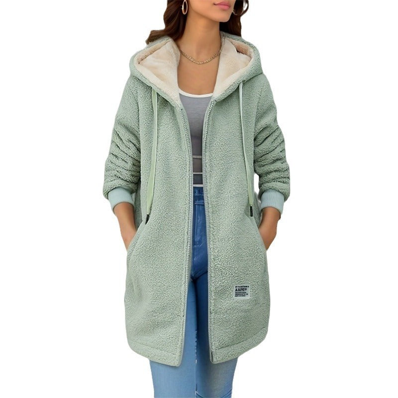 Winter Fleece Hooded Jacket Fashion Casual Zip-up Pockets Long Sweatshirt Warm Commuter Women's Clothing by My Store