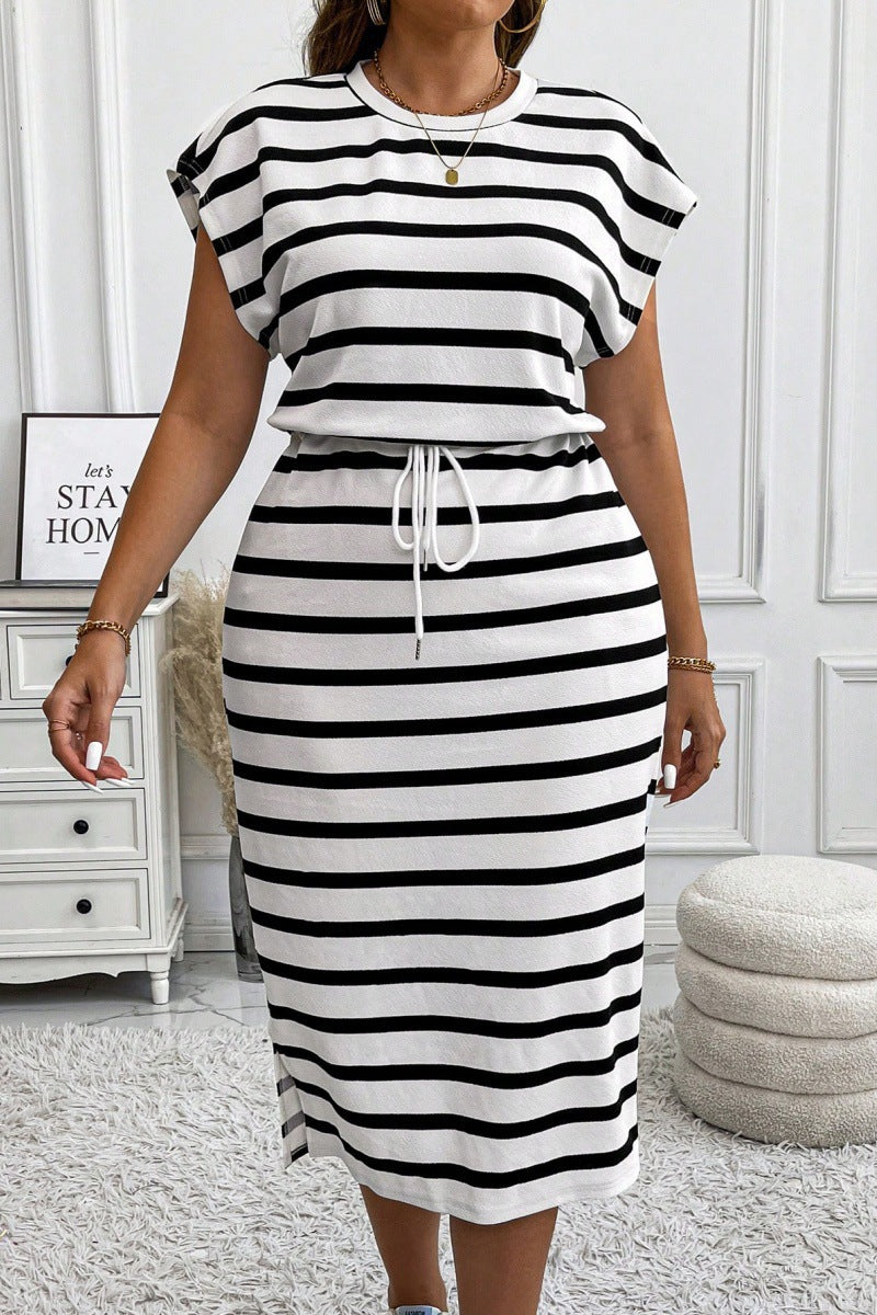 Round Neck Printed Tether Short Sleeve Dress by DERILUJA LLC