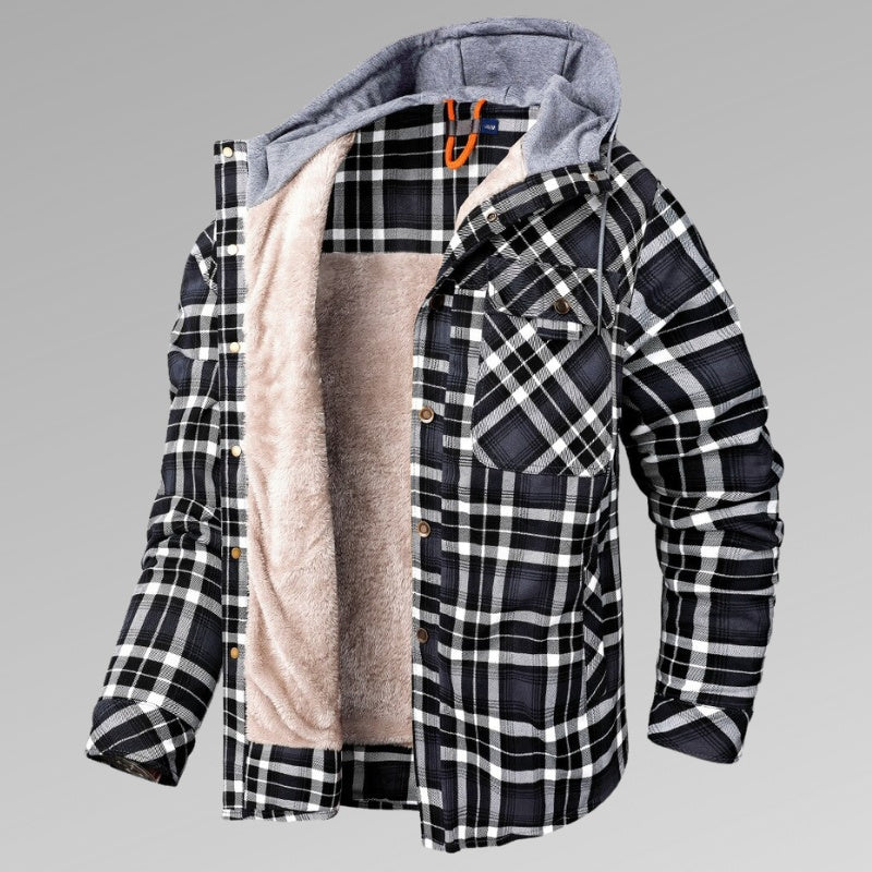 Men's Long Sleeve Velvet Thickened Hooded Plaid Shirt Coat by My Store