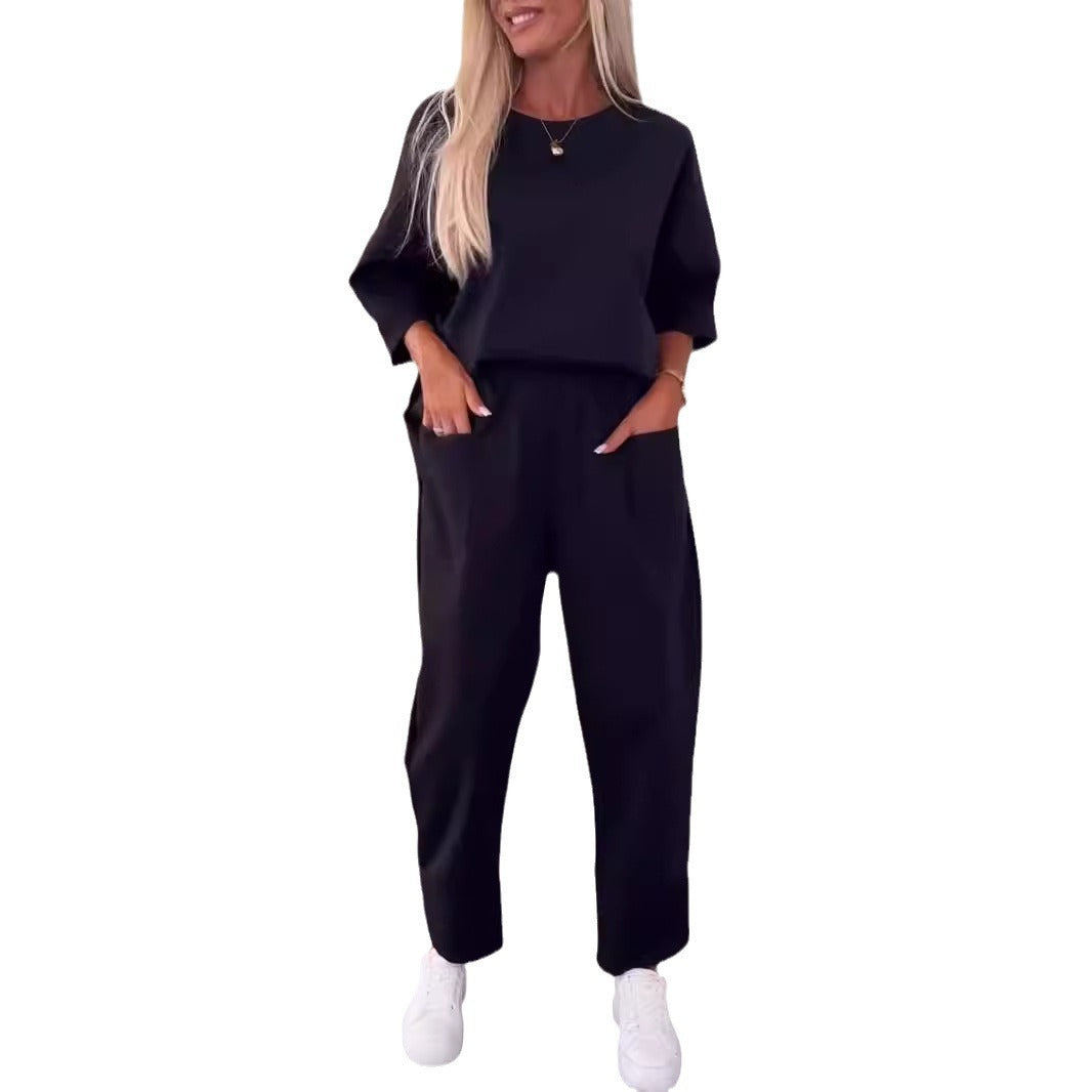 Two-piece Solid Color Round Neck Cropped Pants Set by My Store