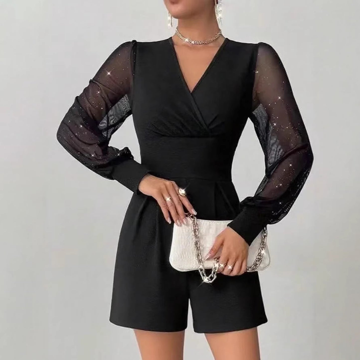 Mesh-panel Straight-cut Shorts Jumpsuit by DERILUJA LLC