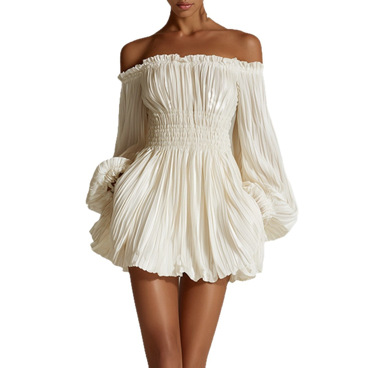 Elegant One-Shoulder Pleated Fitted Long Sleeve Dress for Women by eprolo