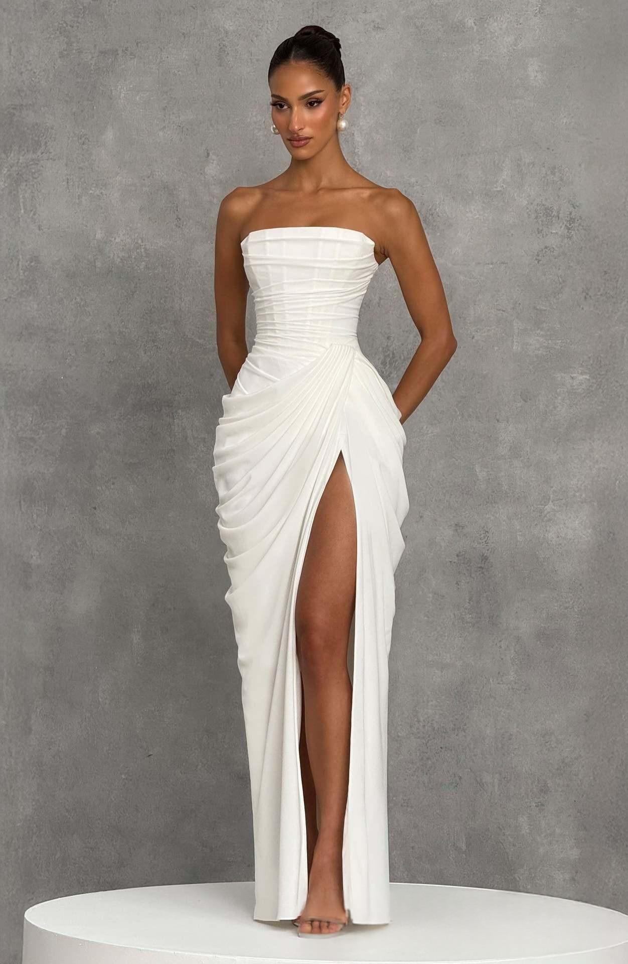 French Style Romantic Strapless Pleated Slit Dress - Women's Elegant Evening Gown For Summer Party Wedding Dresses by DERILUJA LLC