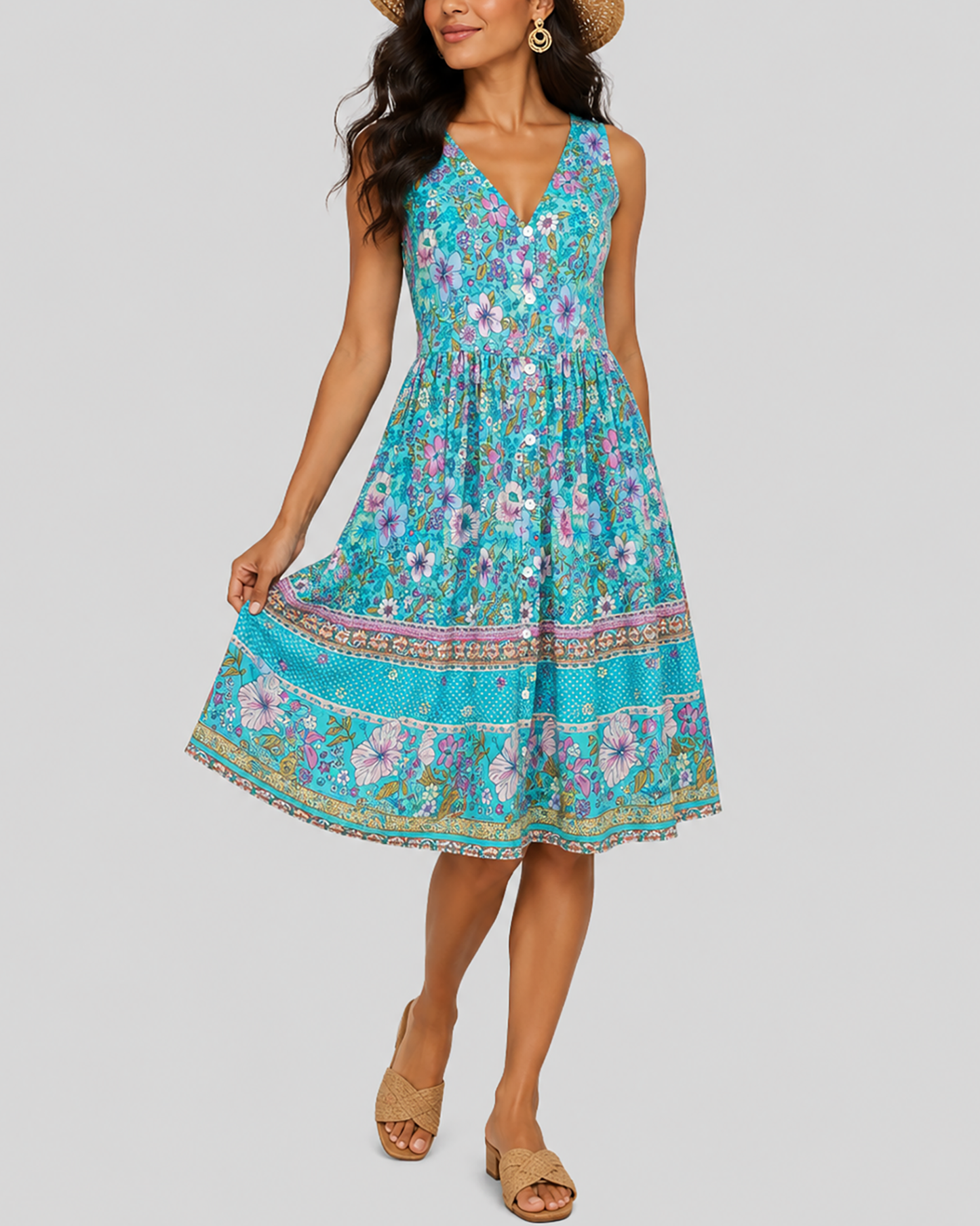 Women's Fashion Ethnic Style Blue Printed V-Neck Open Front Sleeveless Dress by eprolo