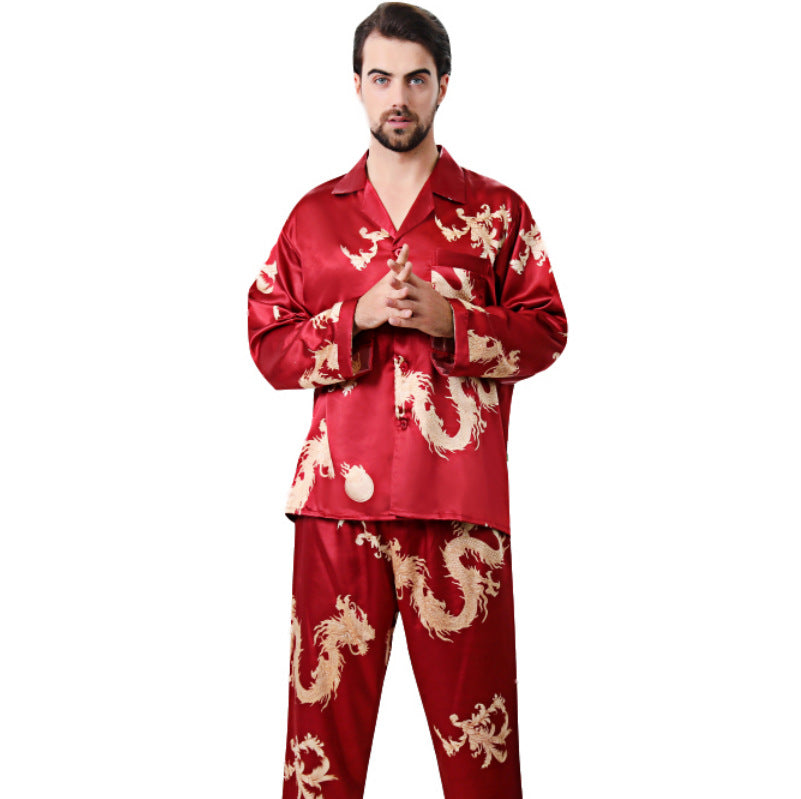 Simulated silk couple sleepwear new long sleeved set men's and women's V-neck silk printed dragon and phoenix home clothes by eprolo
