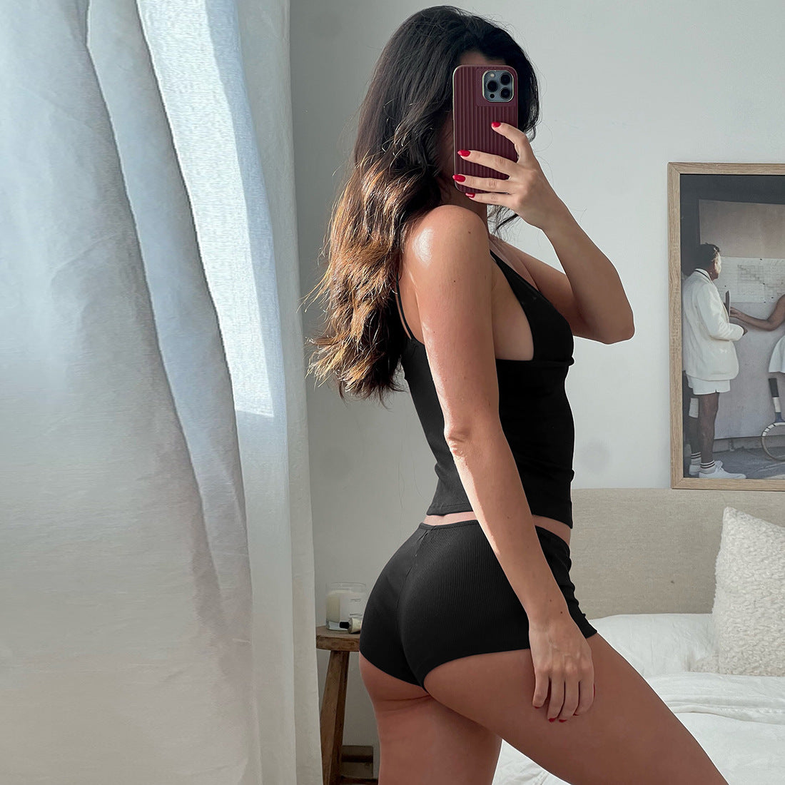 Autumn Winter New Women's Deep V-Neck Strap Sleepwear Solid Color Low Waist Shorts Home Wear Set by eprolo