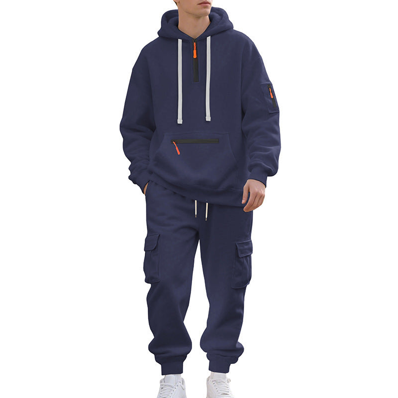 Men's Loose Sports And Leisure Suit Sweater Fleece-lined Hoodie Set Zipper Multi-Pocket Pullover Men's Sports Casual Top Two-piece Set by My Store