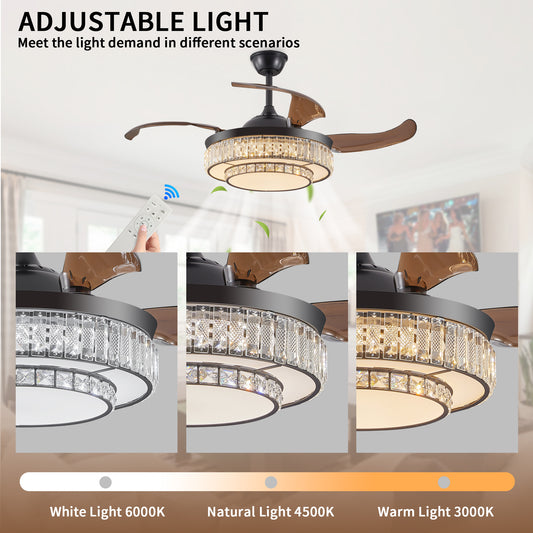 Modern LED retractable ceiling fan with lighting and remote control, silent reversible motor, 4-blade modern ceiling fan by eprolo