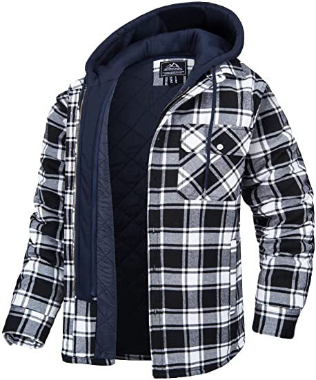 Men's Plaid Hooded Coat Winter Warm Button Zip-up Jacket Fashion Casual Thick Padded Long Sleeves Outerwear Clothing by DERILUJA LLC