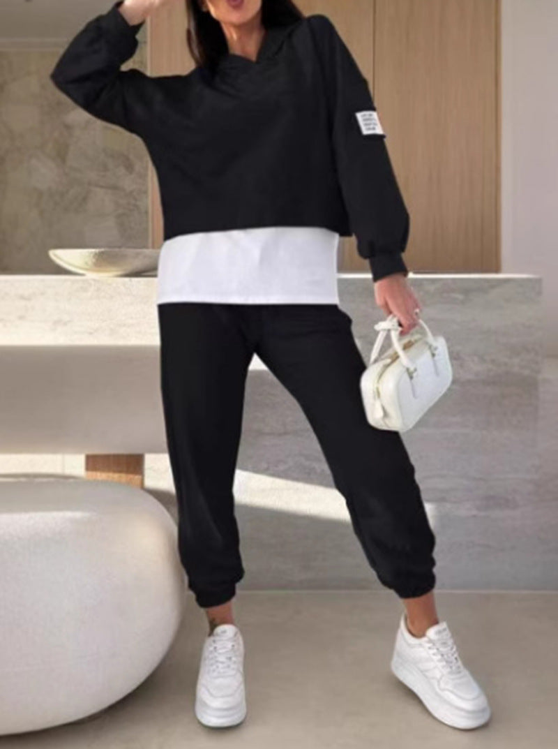 Hooded Sweatshirt Suit Loose Long Sleeve False Two-piece Tops And Jogger Sports Trousers Casual Spots Set For Women's Clothing by My Store