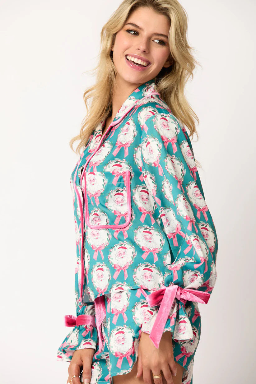 2 Pcs Women's Christmas Pajama Set Santa Tree Print Lapel Neck Button-up Long Sleeve Tops Shorts Loungewear Outfit by My Store