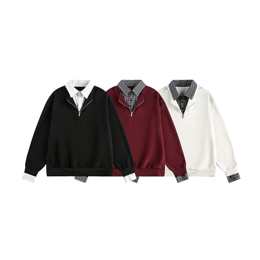 Checkered Spliced Mock Two-Piece Old Money Style Polo Neck Pullover Hoodie by eprolo