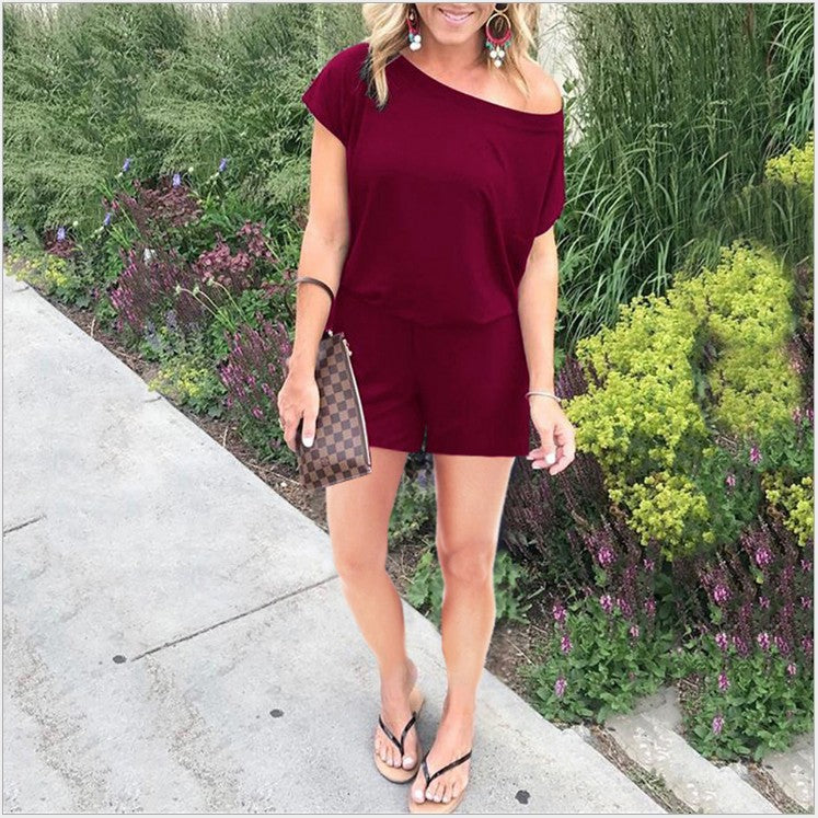 Fashionable Asymmetrical Shoulder Short Sleeve Pocket Women's Jumpsuit in 6 Colors