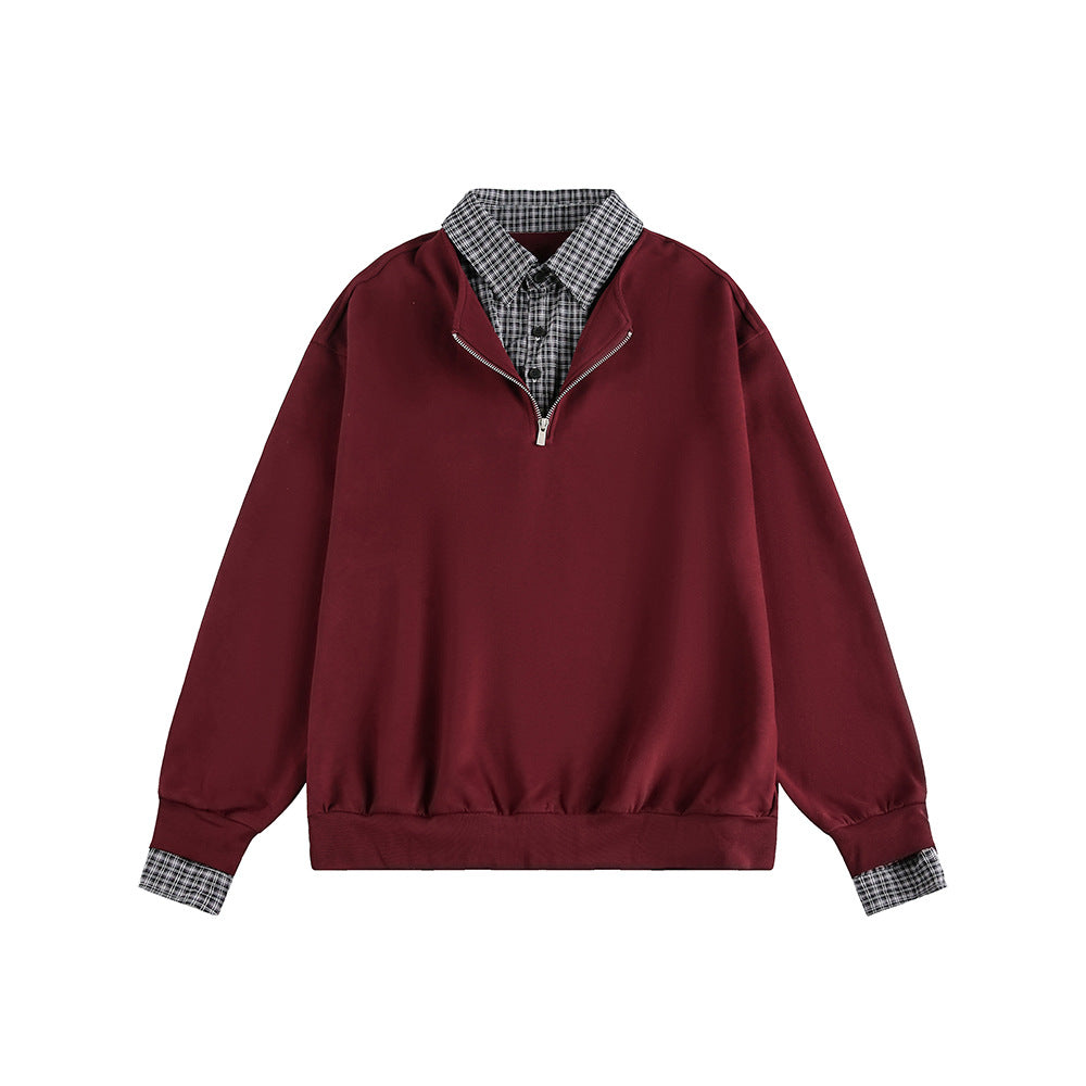 Checkered Spliced Mock Two-Piece Old Money Style Polo Neck Pullover Hoodie by eprolo